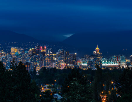 Vancouver skyline at dusk as seen from Queen Elizabeth Park, British Columbia, Canada