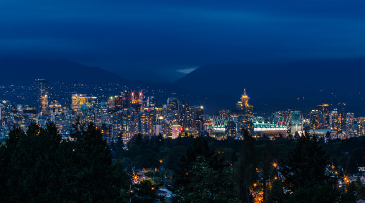 Vancouver skyline at dusk as seen from Queen Elizabeth Park, British Columbia, Canada